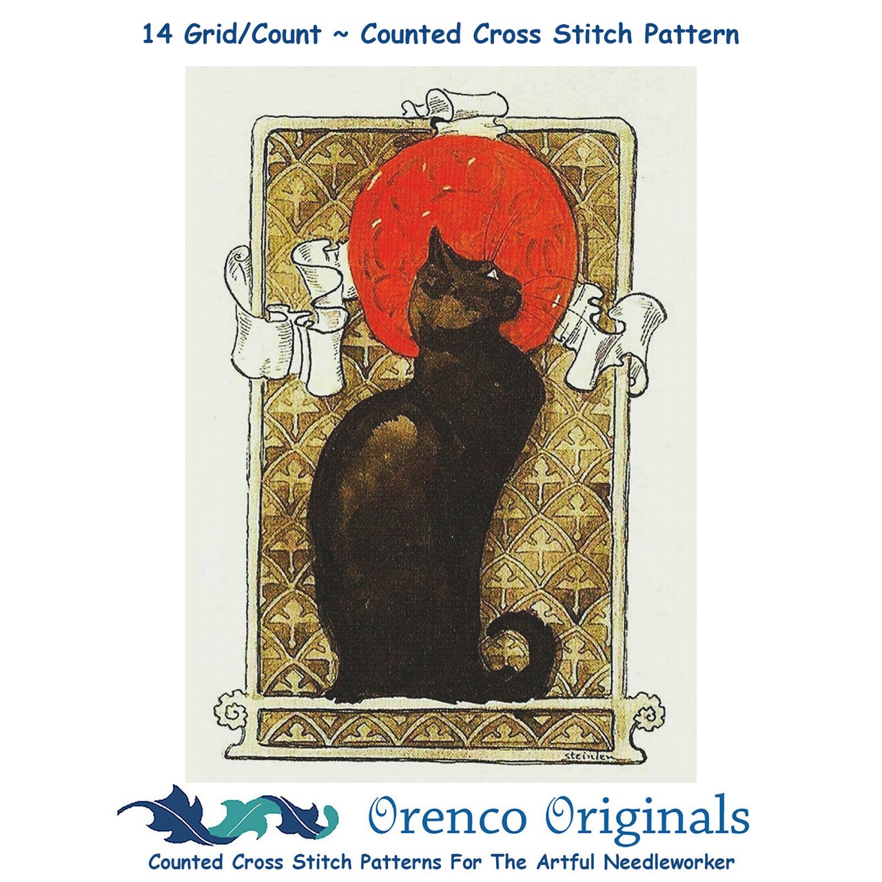 Art Nouveau Black Cat Design detail Folk Art Counted Cross Stitch Pattern